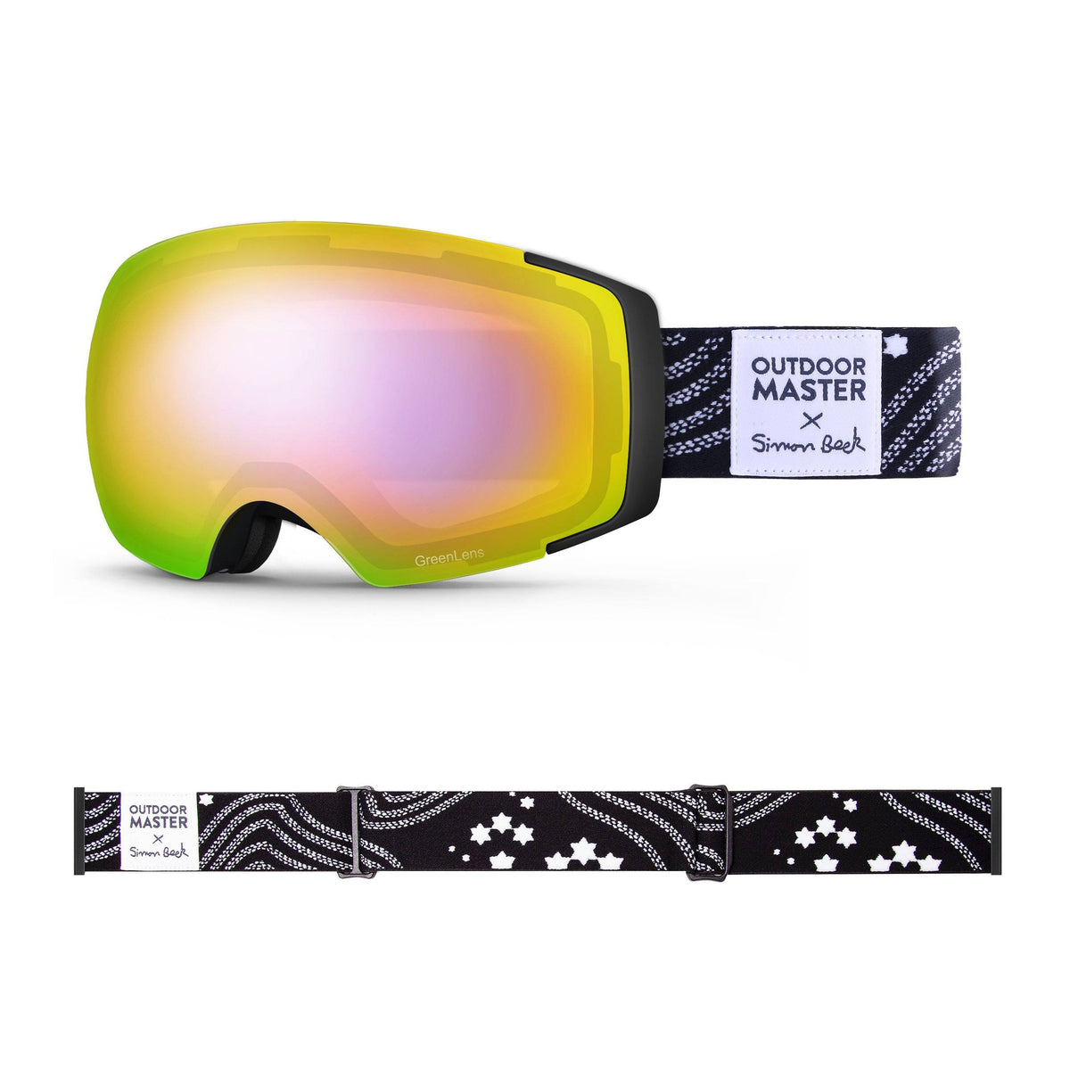OutdoorMaster x Simon Beck Ski Goggles Pro Series - Snowshoeing Art Limited Edition OutdoorMaster GreenLens VLT 45% TAC Purple with REVO Red Polarized Star Road-Black