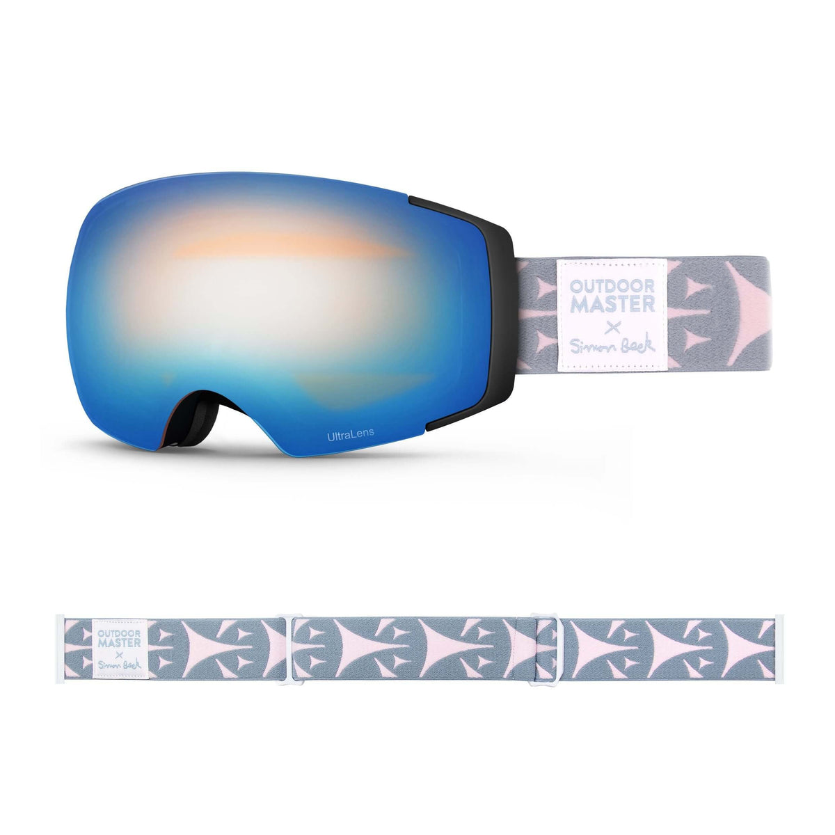 OutdoorMaster x Simon Beck Ski Goggles Pro Series - Snowshoeing Art Limited Edition OutdoorMaster UltraLens VLT 22% Optimized Orange with REVO Sapphire Bouncy Triangles