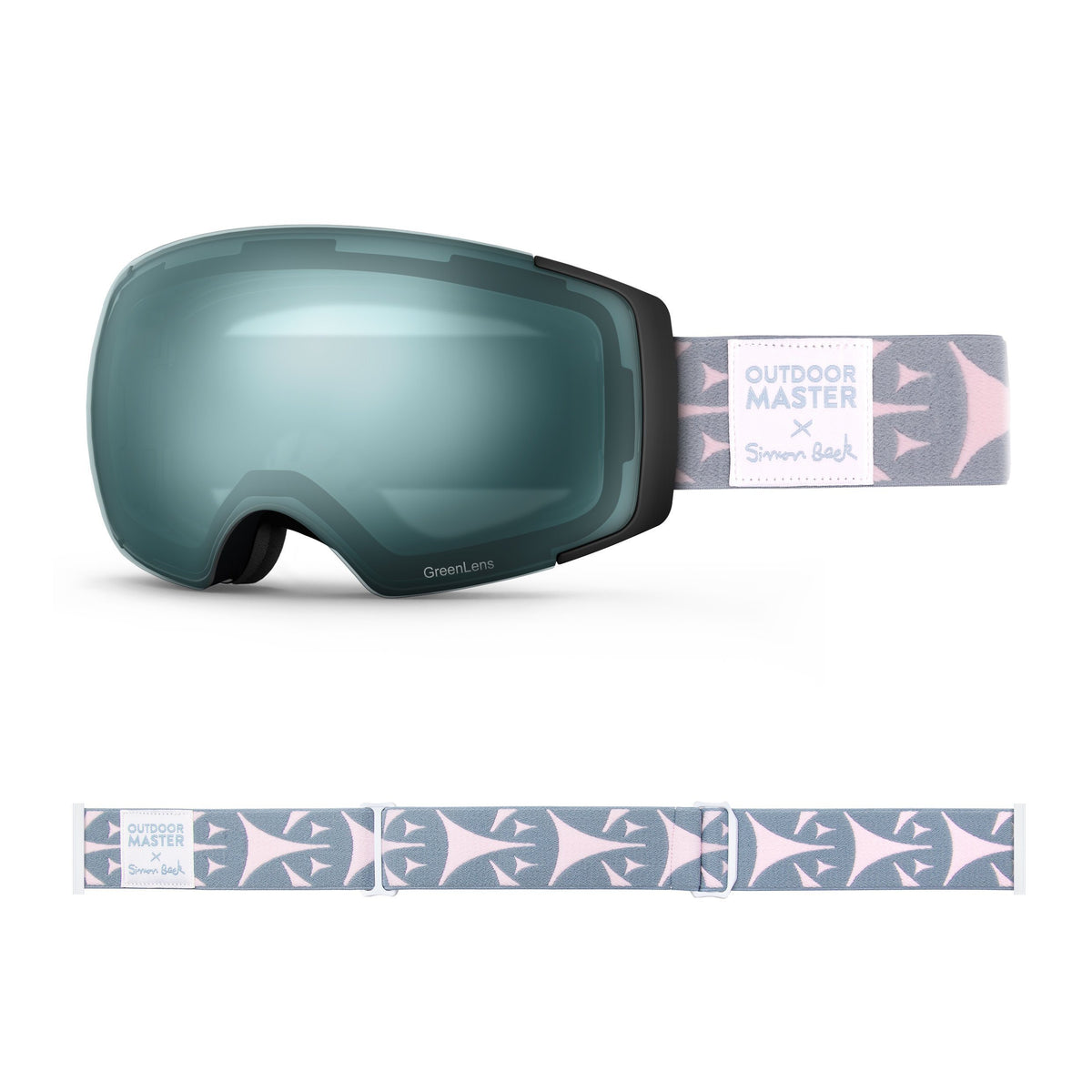 OutdoorMaster x Simon Beck Ski Goggles Pro Series - Snowshoeing Art Limited Edition OutdoorMaster GreenLens VLT 20% TAC Green Polarized Bouncy Triangles