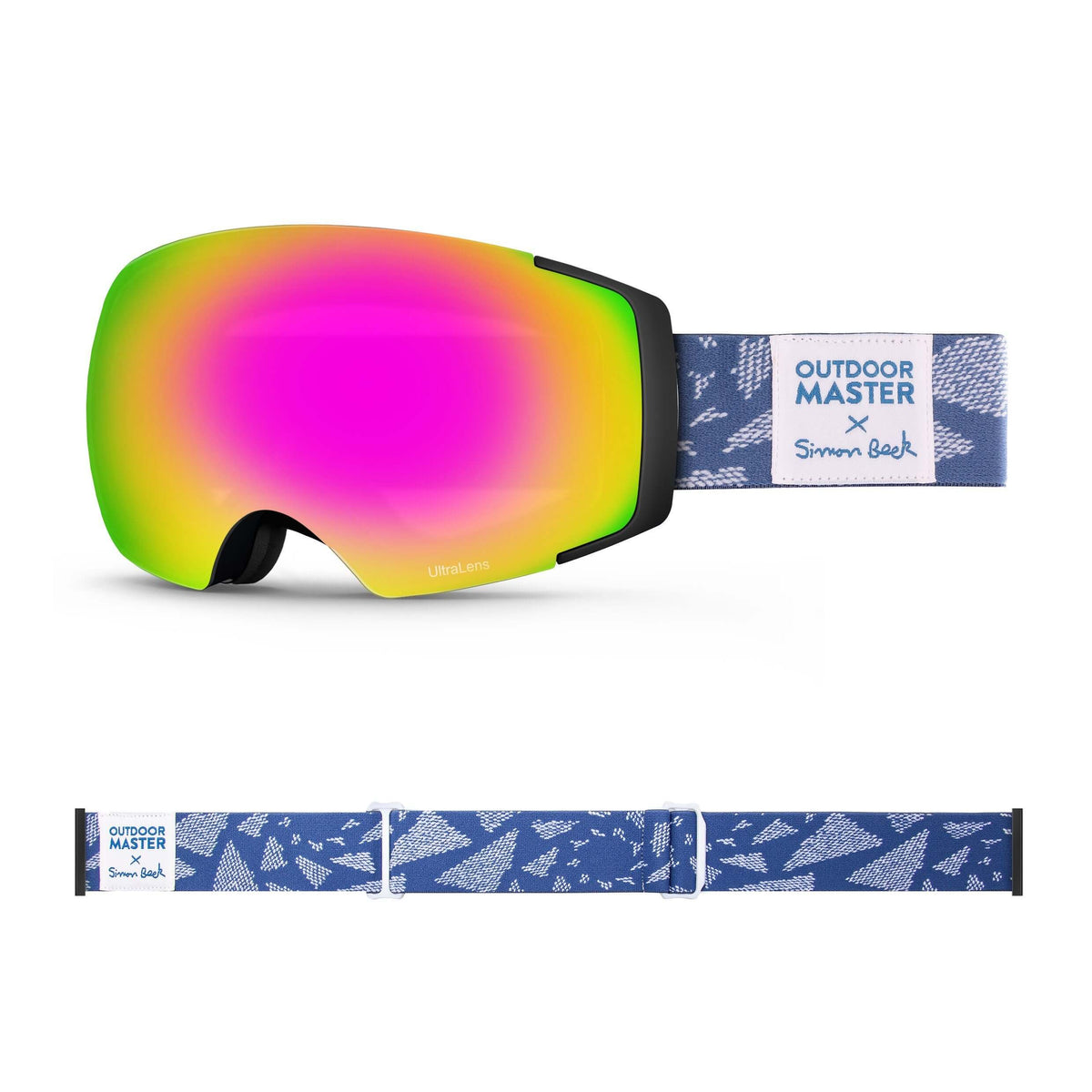 OutdoorMaster x Simon Beck Ski Goggles Pro Series - Snowshoeing Art Limited Edition OutdoorMaster UltraLens VLT 22% Optimized Orange with REVO Pink Flying Triangles