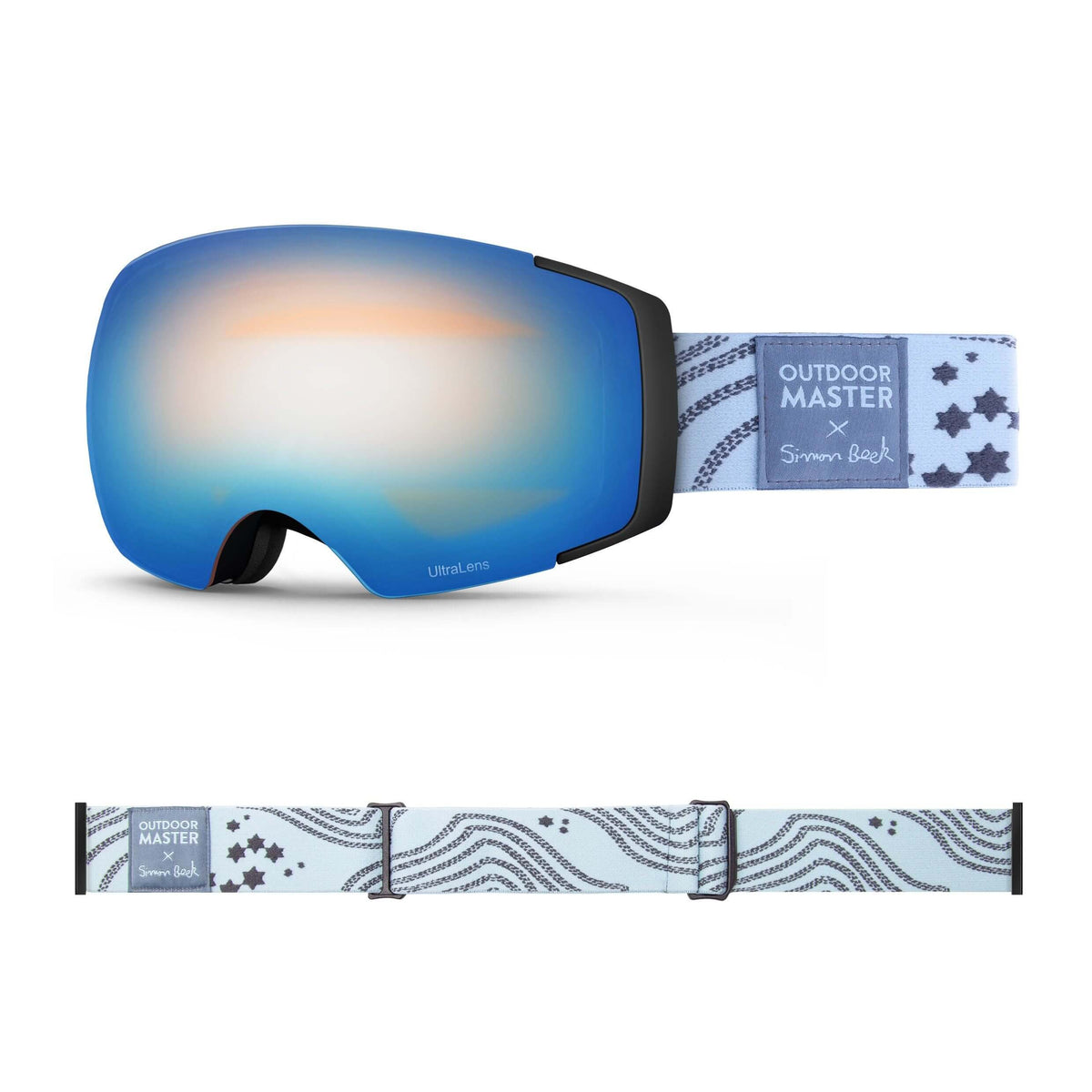 OutdoorMaster x Simon Beck Ski Goggles Pro Series - Snowshoeing Art Limited Edition OutdoorMaster UltraLens VLT 22% Optimized Orange with REVO Sapphire Star Road-Lightsteelblue