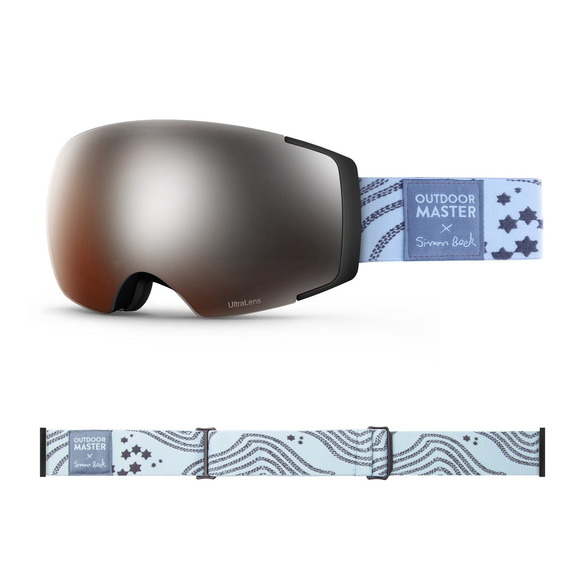OutdoorMaster x Simon Beck Ski Goggles Pro Series - Snowshoeing Art Limited Edition OutdoorMaster LutraLens VLT 13% Optimized Orange with REVO Silver Star Road-Lightsteelblue