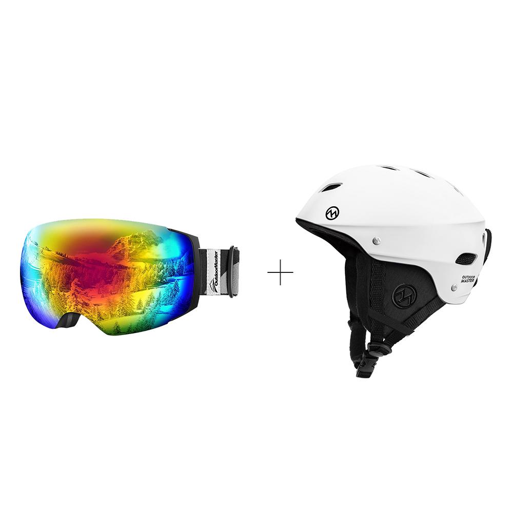 XMAS Bundle Sales - Ski Goggles PRO + Kelvin Ski Helmet - 2 in 1 Package OutdoorMaster White S 19-20.5 inches Black-Grey Frame VLT15% Colourful Lens
