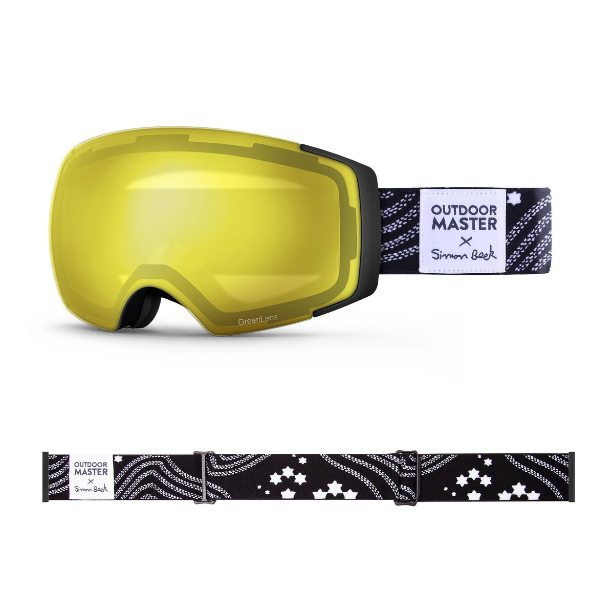 OutdoorMaster x Simon Beck Ski Goggles Pro Series - Snowshoeing Art Limited Edition OutdoorMaster GreenLens VLT 75% TAC Yellow Lens Polarized Star Road-Black