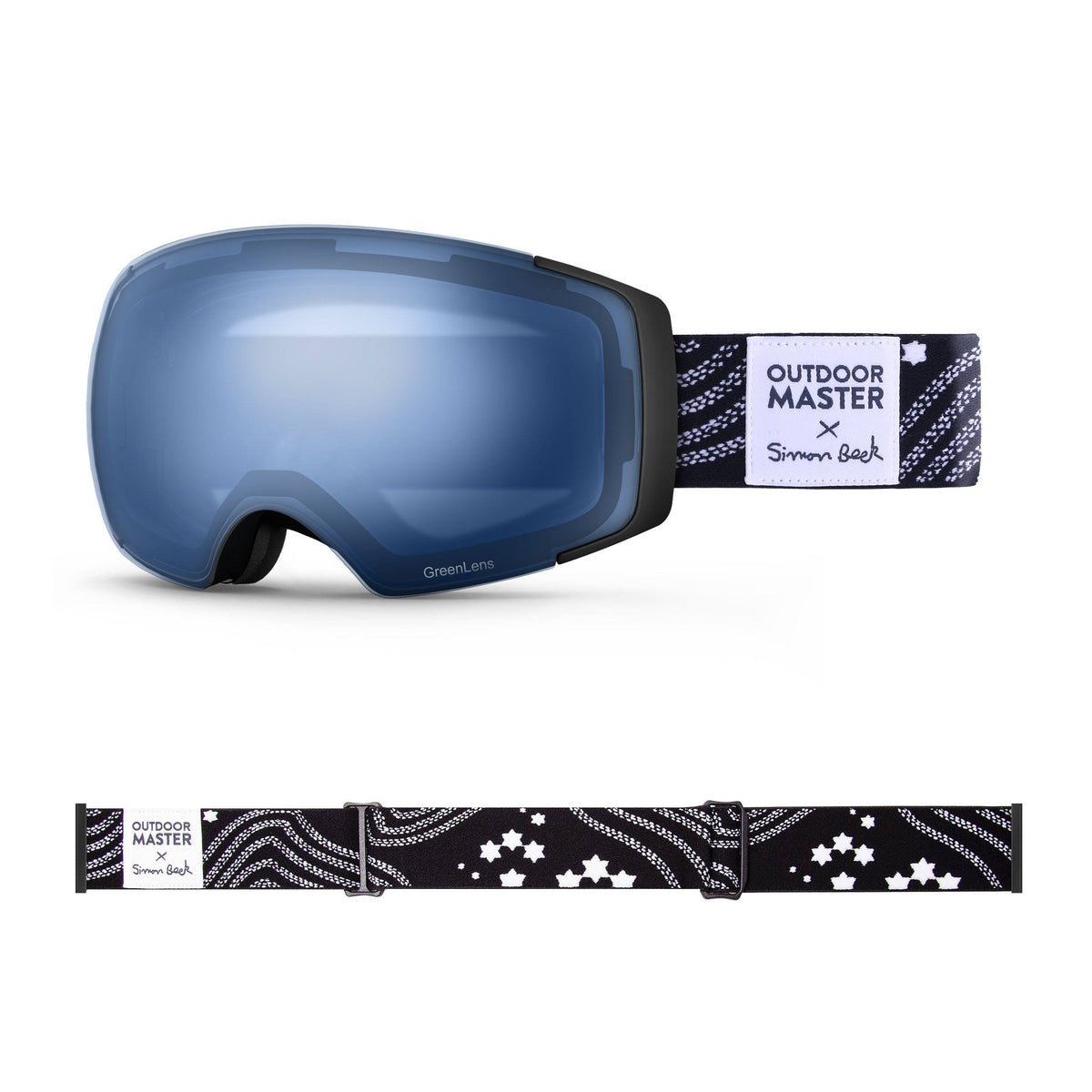 OutdoorMaster x Simon Beck Ski Goggles Pro Series - Snowshoeing Art Limited Edition OutdoorMaster GreenLens VLT 60% TAC Blue Polarized Star Road-Black
