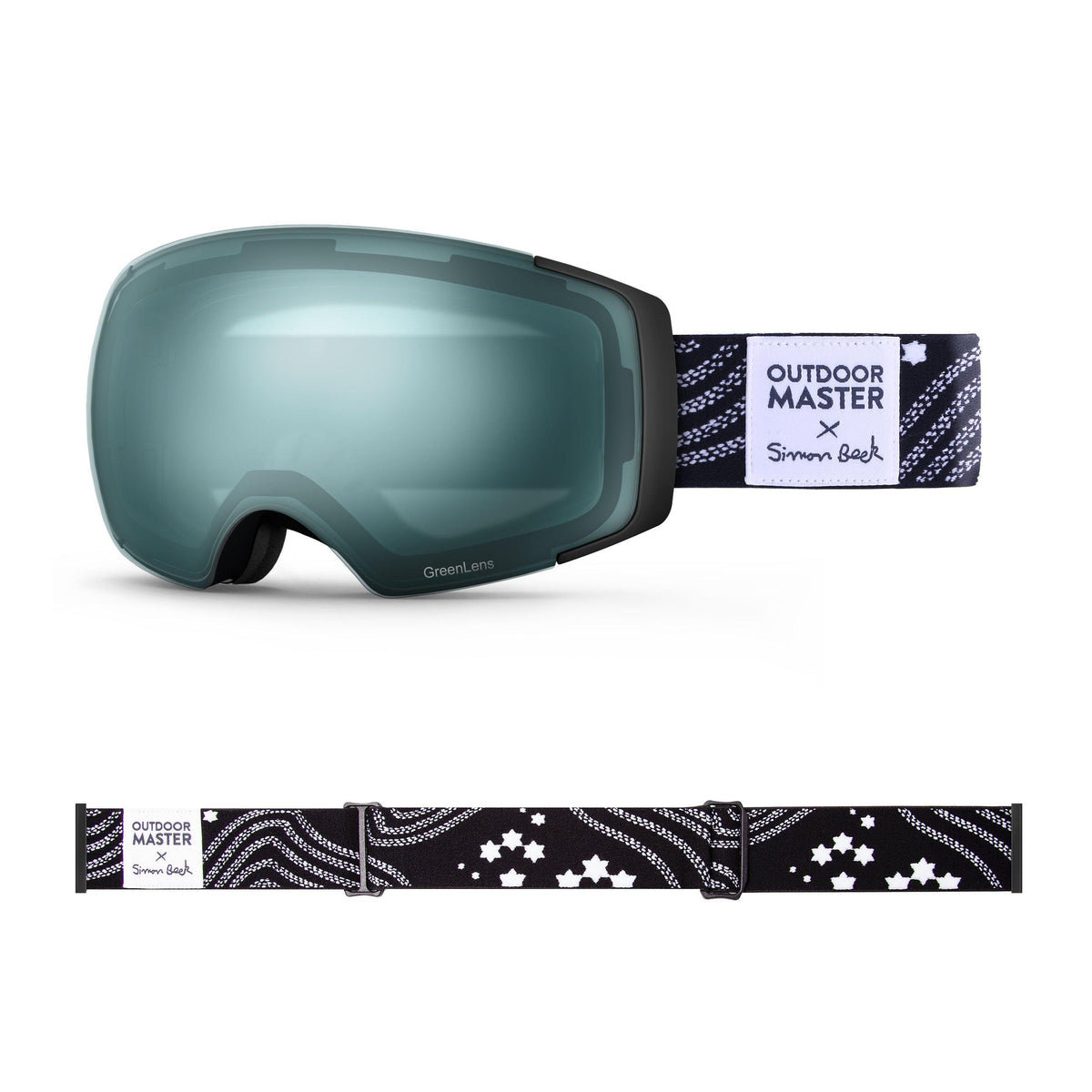 OutdoorMaster x Simon Beck Ski Goggles Pro Series - Snowshoeing Art Limited Edition OutdoorMaster GreenLens VLT 20% TAC Green Polarized Star Road-Black