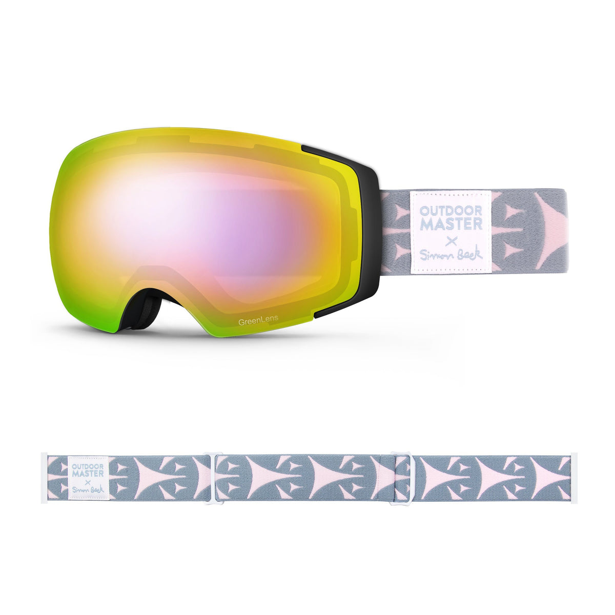 OutdoorMaster x Simon Beck Ski Goggles Pro Series - Snowshoeing Art Limited Edition OutdoorMaster GreenLens VLT 45% TAC Purple with REVO Red Polarized Bouncy Triangles