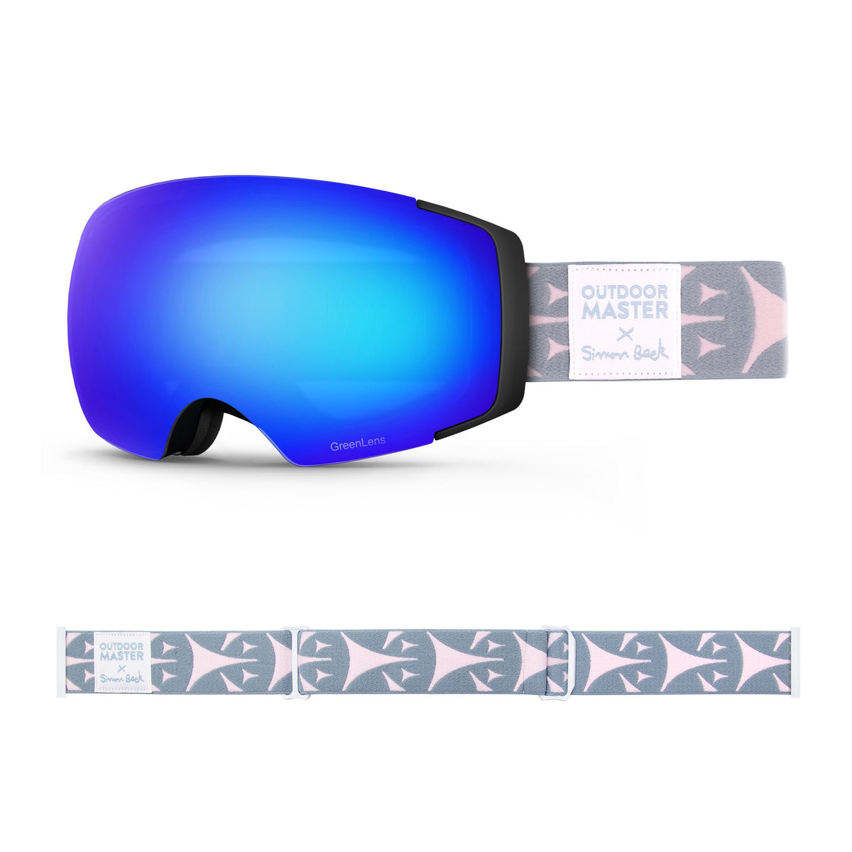 OutdoorMaster x Simon Beck Ski Goggles Pro Series - Snowshoeing Art Limited Edition OutdoorMaster GreenLens VLT 15% TAC Grey with REVO Blue Polarized Bouncy Triangles