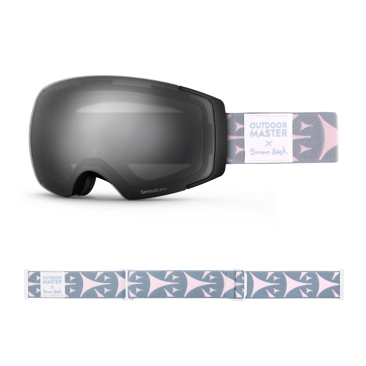 OutdoorMaster x Simon Beck Ski Goggles Pro Series - Snowshoeing Art Limited Edition OutdoorMaster GreenLens VLT 10% TAC Grey With REVO Silver Polarized Bouncy Triangles