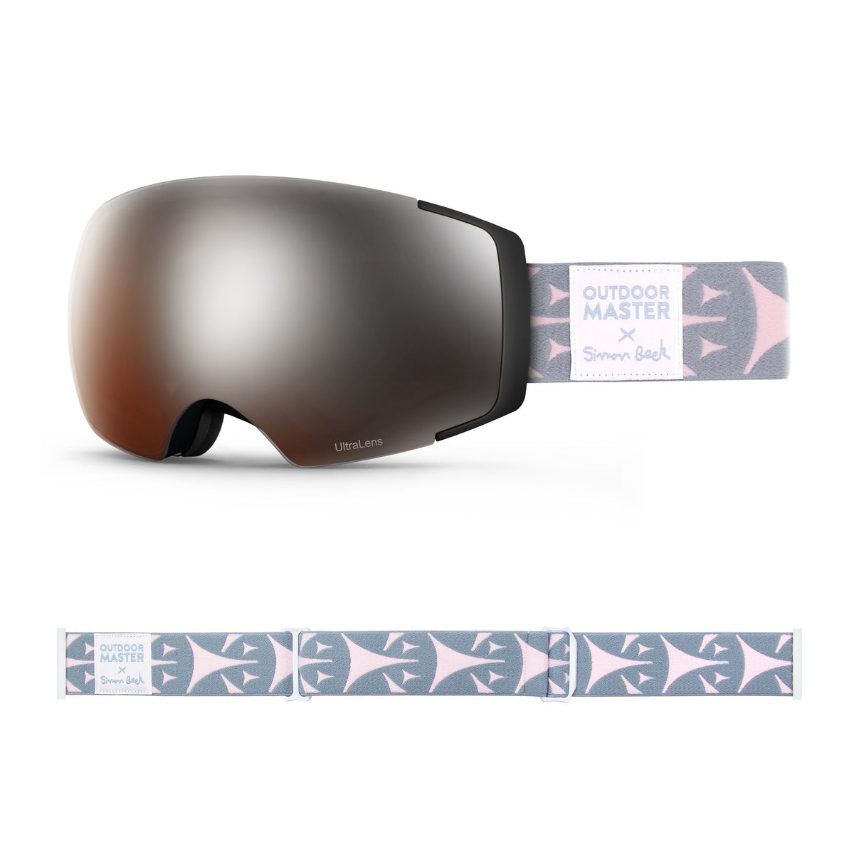OutdoorMaster x Simon Beck Ski Goggles Pro Series - Snowshoeing Art Limited Edition OutdoorMaster LutraLens VLT 13% Optimized Orange with REVO Silver Bouncy Triangles