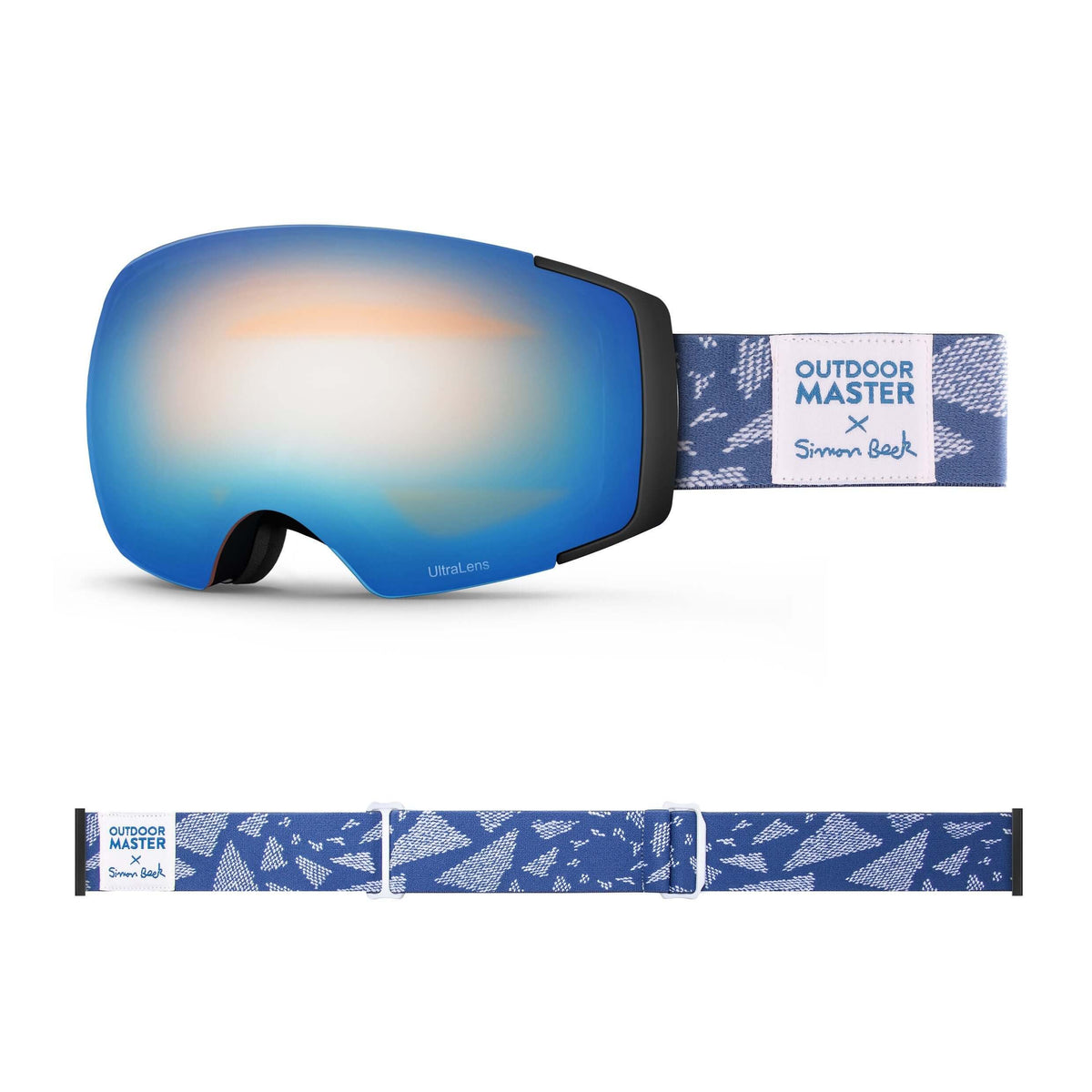 OutdoorMaster x Simon Beck Ski Goggles Pro Series - Snowshoeing Art Limited Edition OutdoorMaster UltraLens VLT 22% Optimized Orange with REVO Sapphire Flying Triangles