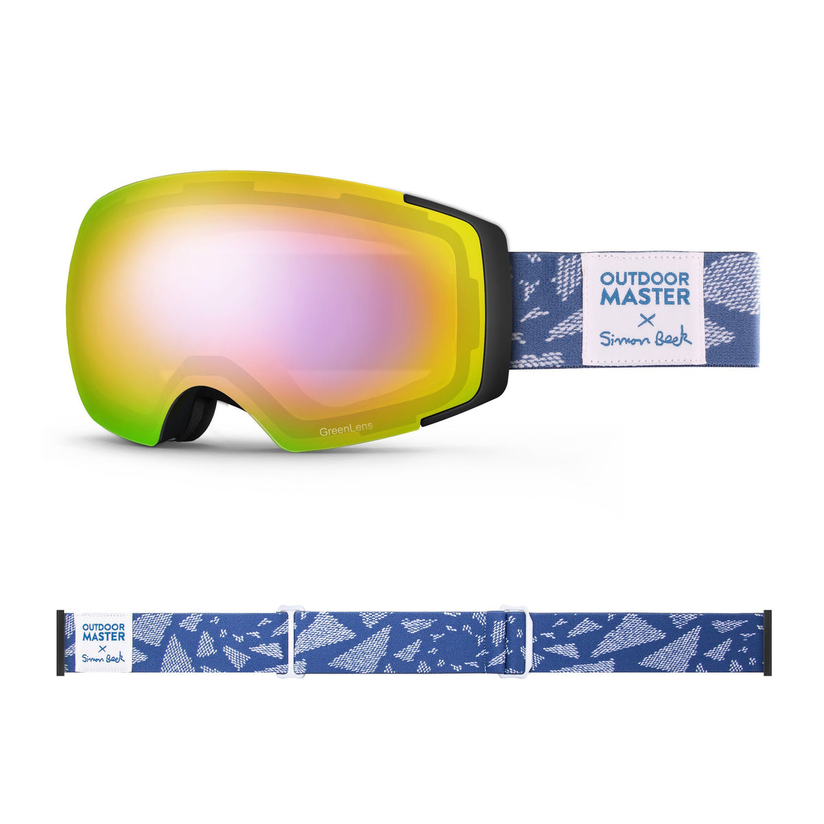 OutdoorMaster x Simon Beck Ski Goggles Pro Series - Snowshoeing Art Limited Edition OutdoorMaster GreenLens VLT 45% TAC Purple with REVO Red Polarized Flying Triangles