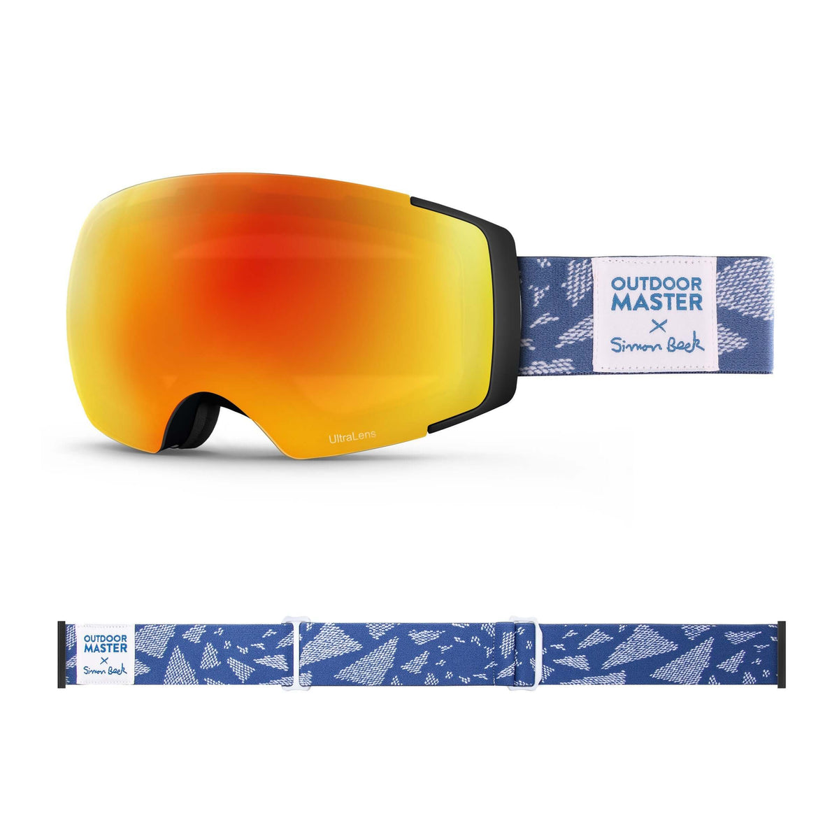 OutdoorMaster x Simon Beck Ski Goggles Pro Series - Snowshoeing Art Limited Edition OutdoorMaster UltraLens VLT 25% Optimized Orange with REVO Red Flying Triangles