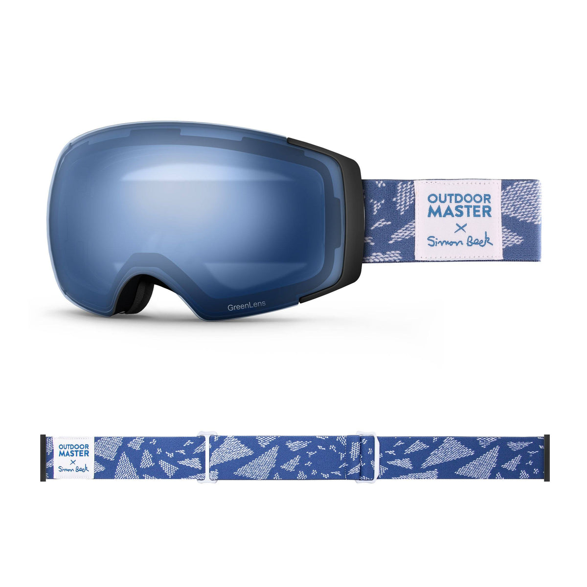 OutdoorMaster x Simon Beck Ski Goggles Pro Series - Snowshoeing Art Limited Edition OutdoorMaster GreenLens VLT 60% TAC Blue Polarized Flying Triangles