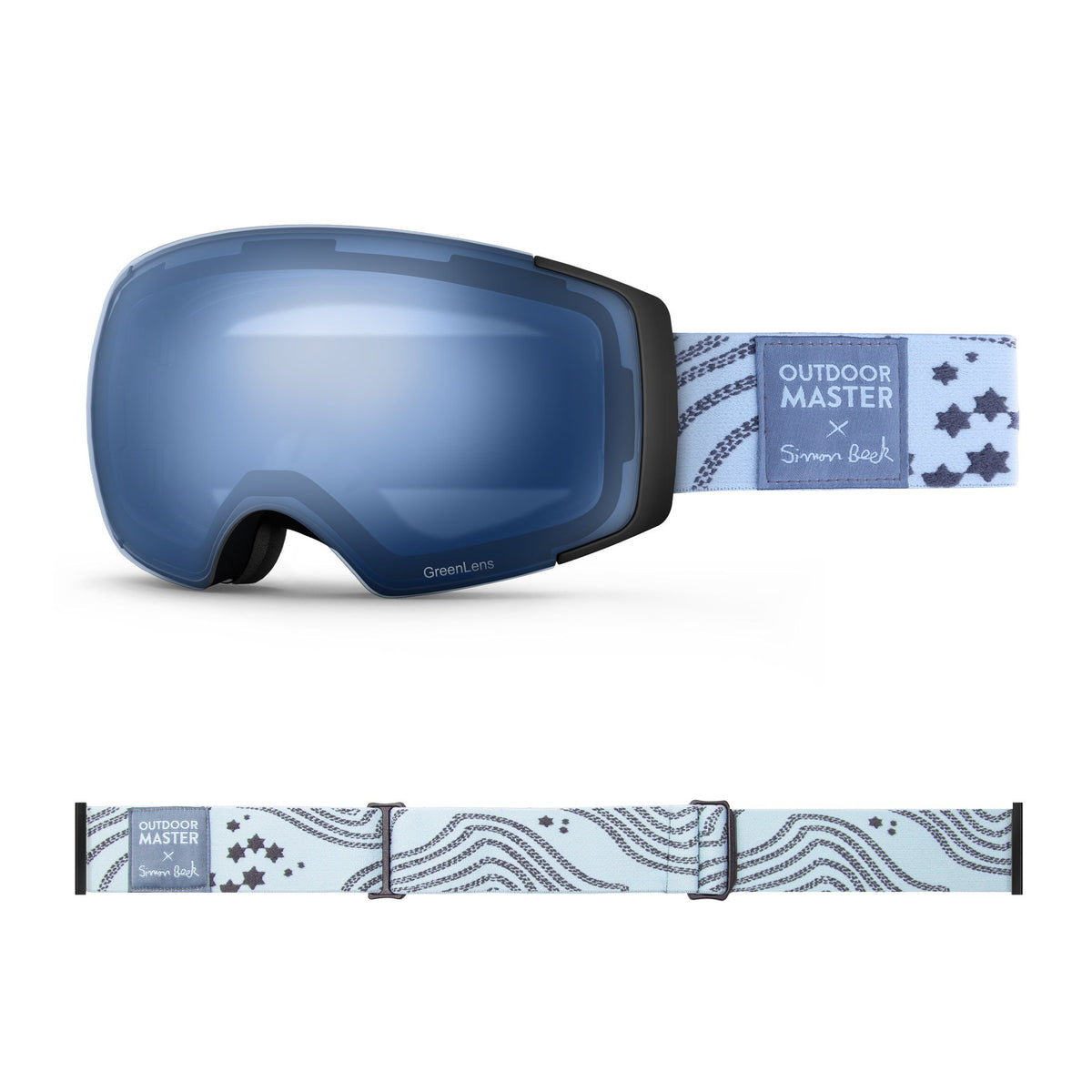 OutdoorMaster x Simon Beck Ski Goggles Pro Series - Snowshoeing Art Limited Edition OutdoorMaster GreenLens VLT 60% TAC Blue Polarized Star Road-Lightsteelblue