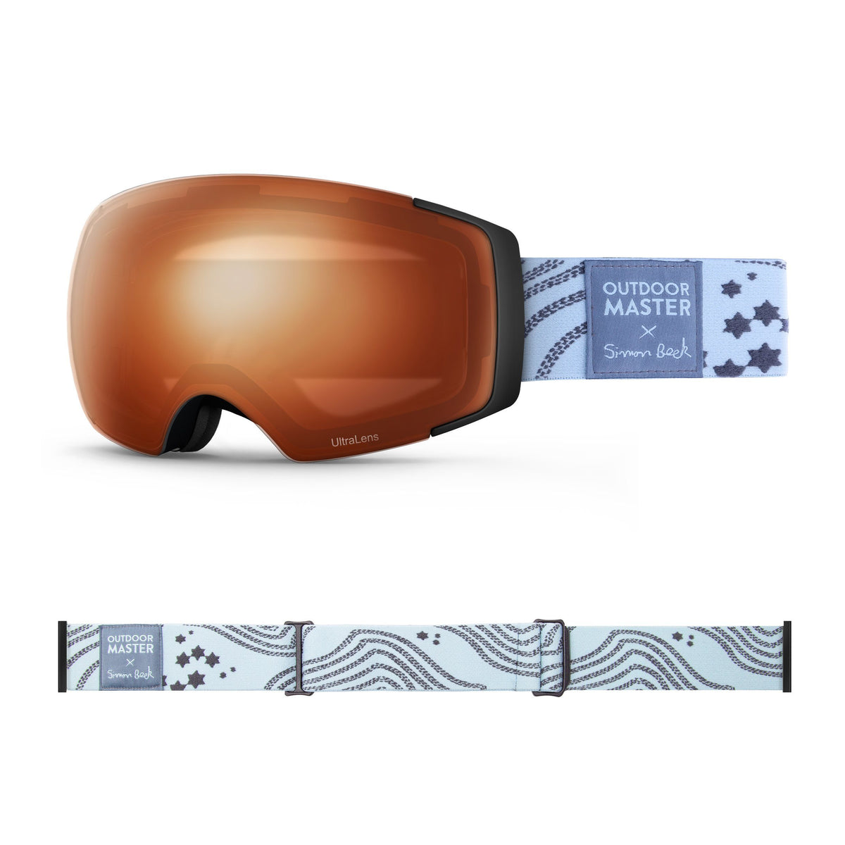 OutdoorMaster x Simon Beck Ski Goggles Pro Series - Snowshoeing Art Limited Edition OutdoorMaster UltraLens VLT 29% Optimized Orange Star Road-Lightsteelblue