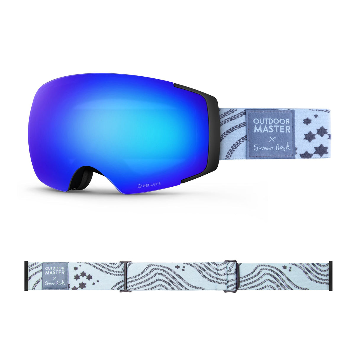 OutdoorMaster x Simon Beck Ski Goggles Pro Series - Snowshoeing Art Limited Edition OutdoorMaster GreenLens VLT 15% TAC Grey with REVO Blue Polarized Star Road-Lightsteelblue