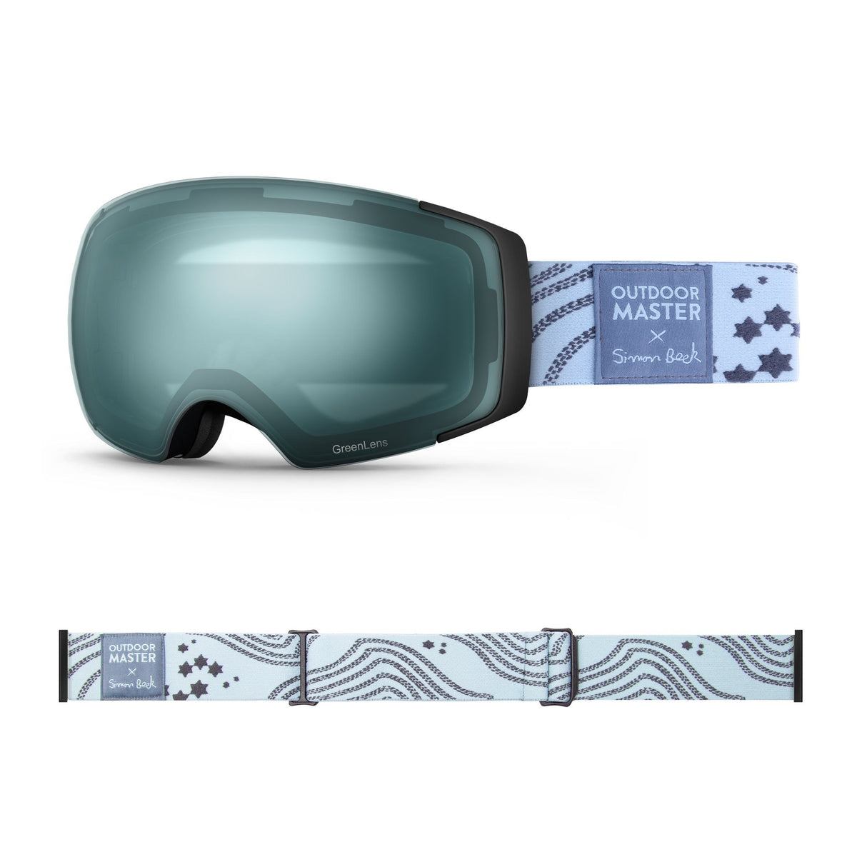 OutdoorMaster x Simon Beck Ski Goggles Pro Series - Snowshoeing Art Limited Edition OutdoorMaster GreenLens VLT 20% TAC Green Polarized Star Road-Lightsteelblue