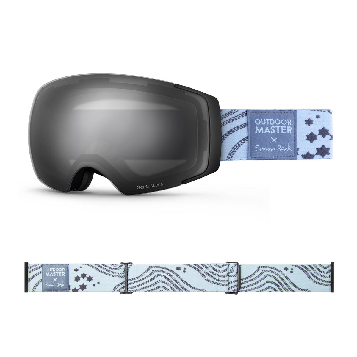 OutdoorMaster x Simon Beck Ski Goggles Pro Series - Snowshoeing Art Limited Edition OutdoorMaster GreenLens VLT 10% TAC Grey With REVO Silver Polarized Star Road-Lightsteelblue