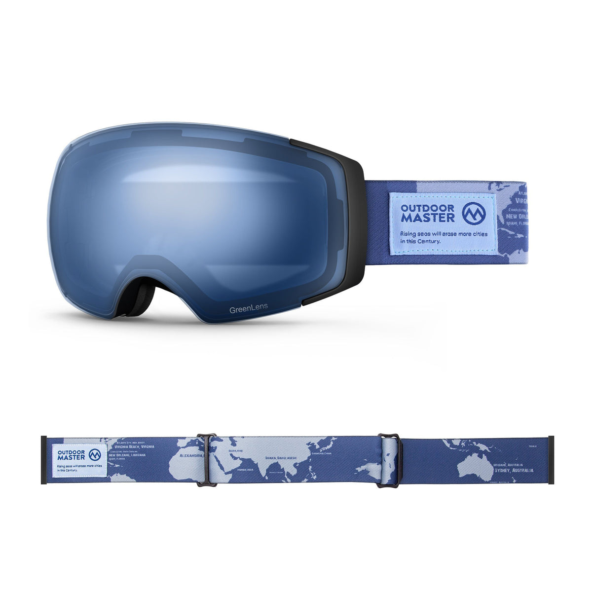 Eco-friendly Ski Goggles Pro Series - The Disappearing Places/Classic BambooStraps Limited Edition OutdoorMaster GreenLens VLT 60% TAC Blue Polarized The Disappearing Places