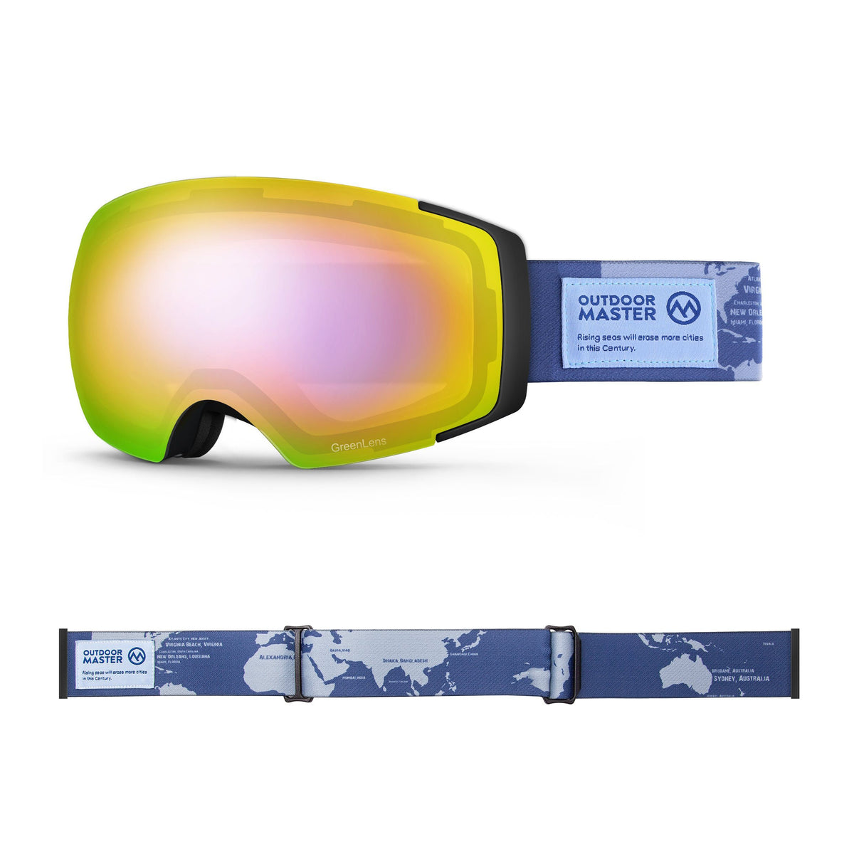 Eco-friendly Ski Goggles Pro Series - The Disappearing Places/Classic BambooStraps Limited Edition OutdoorMaster GreenLens VLT 45% TAC Purple with REVO Red Polarized The Disappearing Places