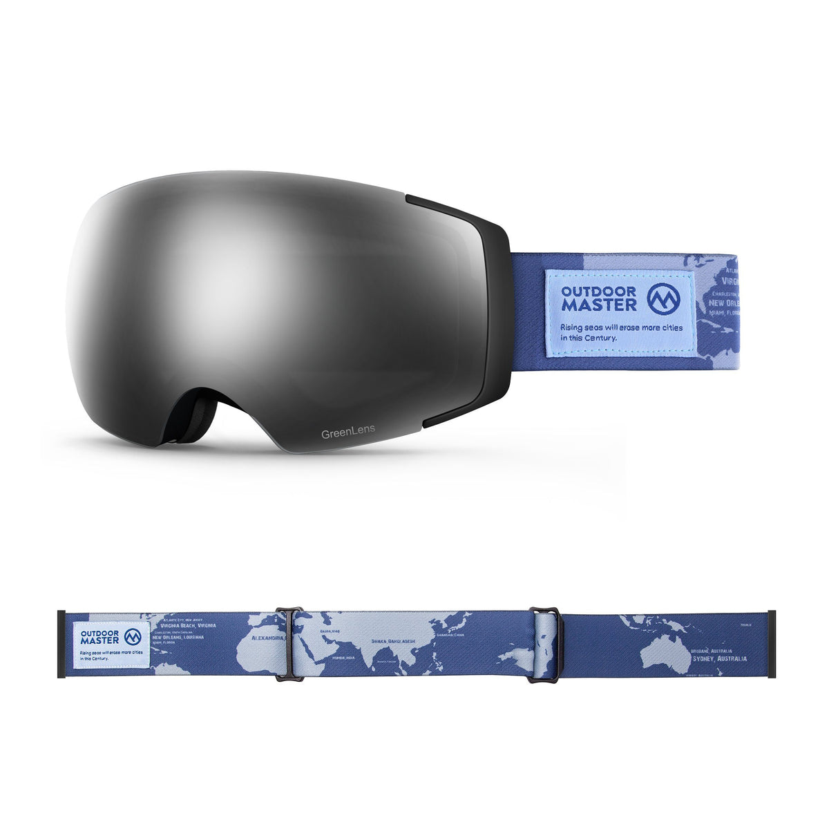 Eco-friendly Ski Goggles Pro Series - The Disappearing Places/Classic BambooStraps Limited Edition OutdoorMaster GreenLens VLT 10% TAC Grey With REVO Silver Polarized The Disappearing Places