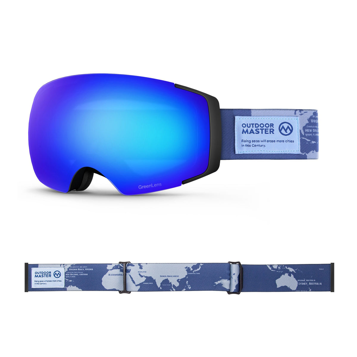 Eco-friendly Ski Goggles Pro Series - The Disappearing Places/Classic BambooStraps Limited Edition OutdoorMaster GreenLens VLT 15% TAC Grey with REVO Blue Polarized The Disappearing Places